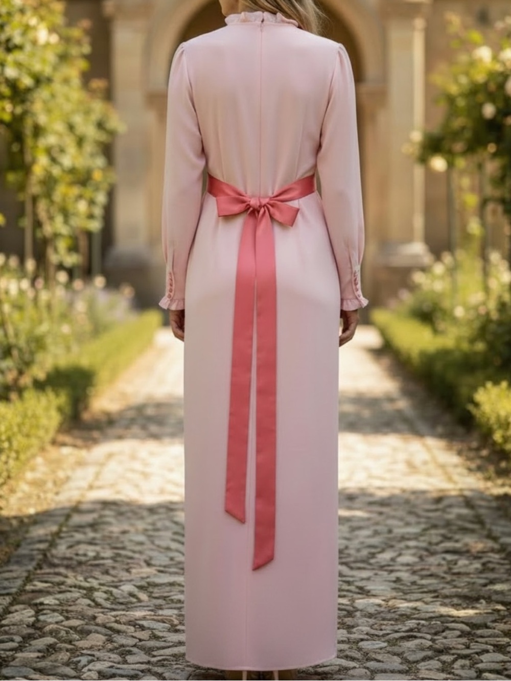 Vintage 1960s Pink Silk Chiffon Empire Waist Maxi Dress Shantung Lining SZ S - Picture 2 of 11